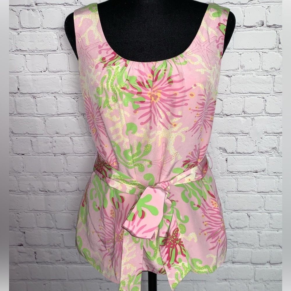 Lilly Pulitzer cedar pink and Green silk belted Patterned Top size 0 - Picture 13 of 13